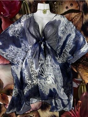 Y2K Style100% Silk Poncho Sheer Animal Print V Neck Drawstring Coverup Kaftan*